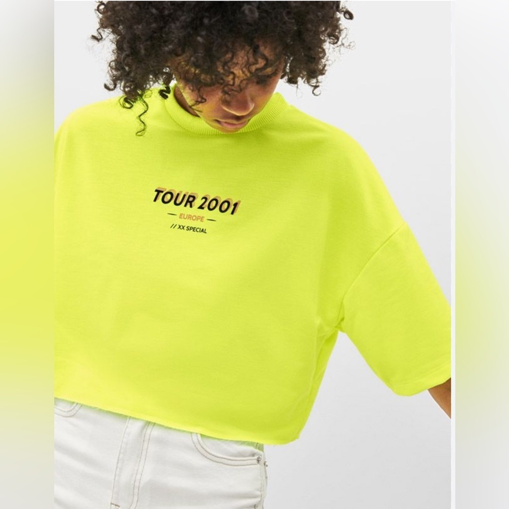 Bershka Neon Yellow Crop Top T-Shirt M/L Tour 2001 Europe XX Special